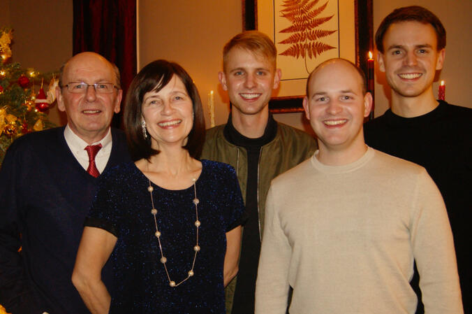 Family photo in Calgary (moving from left to right): Károly Bezdek, Éva Bezdek, Mark Bezdek, Dániel Bezdek, and Máté Bezdek in 2017.