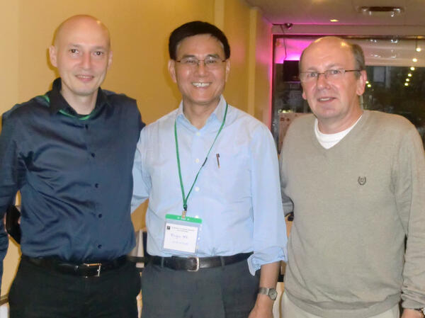 Moving from left to right: Antoine Deza (McMaster Univ.), Yinyu Ye (Stanford Univ.), and Károly Bezdek (Univ. of Calgary) at the Fields Institute, Toronto in 2011.
