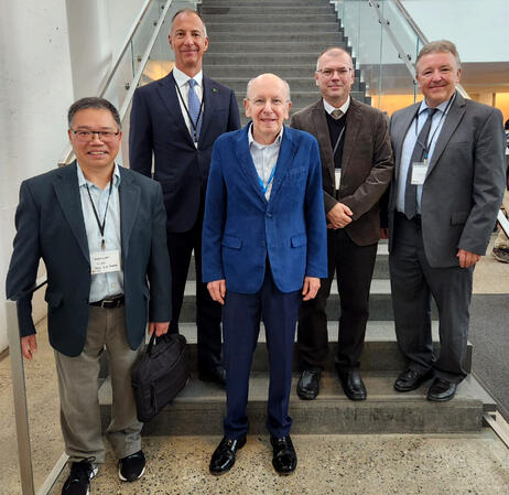 Moving from left to right: Wenyuan Liao (PIMS Site Director, U of C), Arthur M. Szabo (Honorary Consul of Hungary, Calgary), Károly Bezdek, Ferenc Fodor (Director, Bolyai Inst., Univ. of Szeged, Hungary), Antony Ware (Head, Dept. of Math. and Stat., U of C