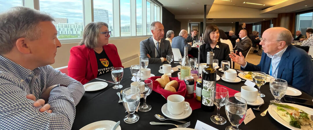 Moving from left to right: Antony Ware (Head, Dept. of Math. and Stat., U of C), Kristin Baetz (Dean, Faculty of Science, U of C), Arthur M. Szabo (Honorary Consul of Hungary, Calgary), Éva Bezdek, Károly Bezdek.